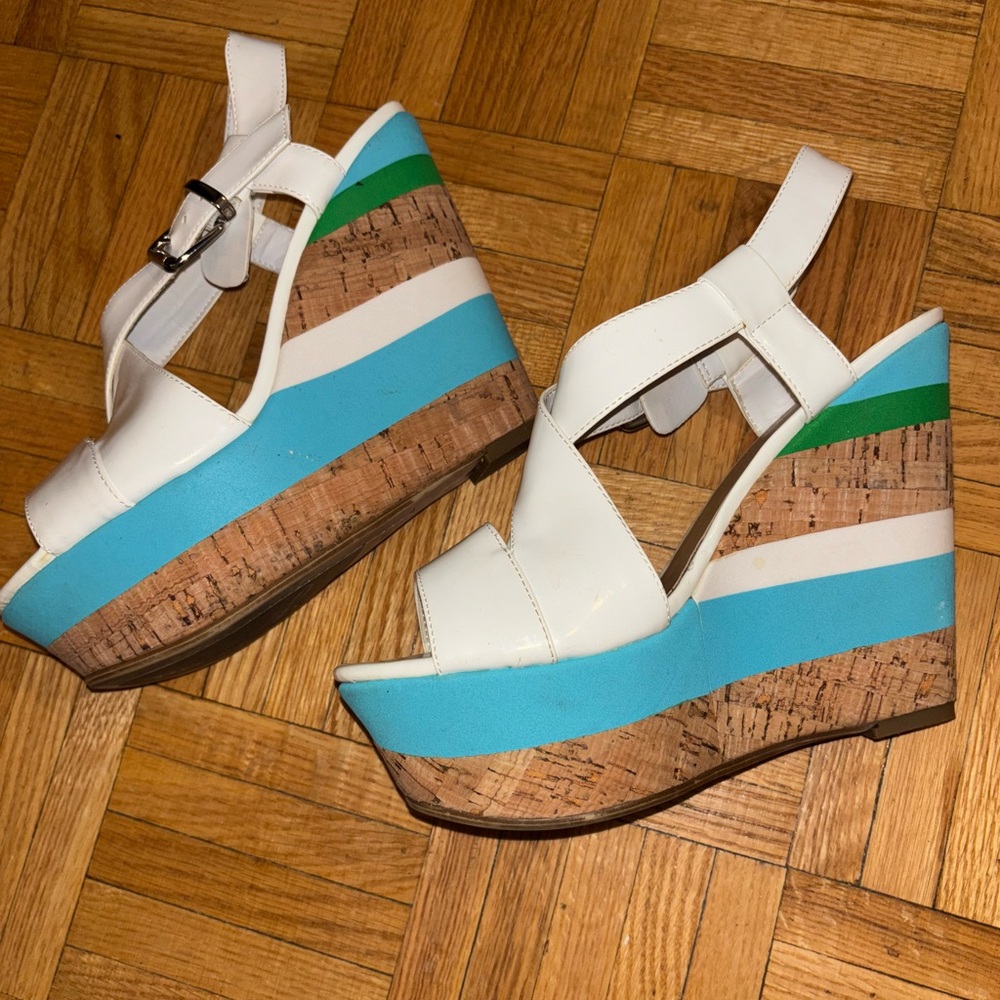 Guess White Wedge Sandals with Multicolor Stripes